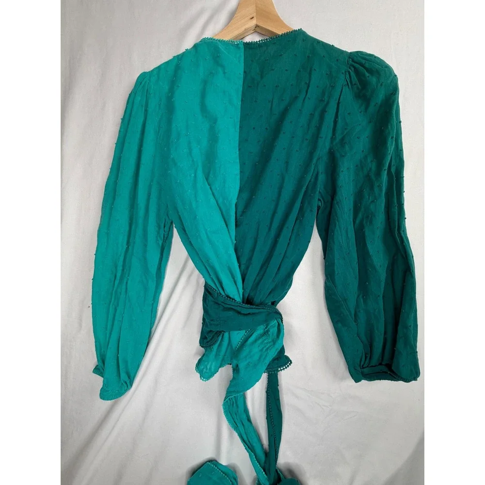 Farm Rio Anthropologie Wrap Top L Teal Green Swiss Dot Colorblock Puff Sleeve